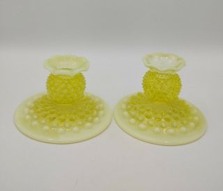 Vtg Fenton Vaseline Glass Topaz Yellow Opalescent Hobnail Candlestick Holders Uv