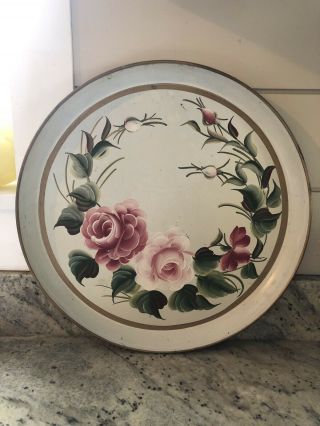 Vintage Round Tray Hand Painted Roses 14”