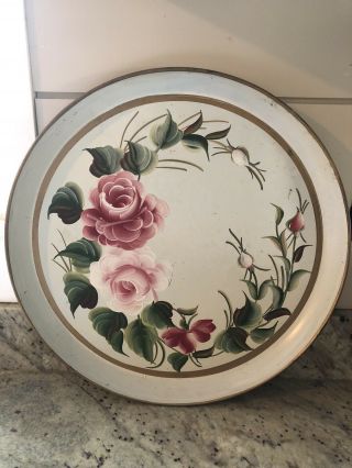 Vintage Round Tray Hand Painted Roses 14” 2