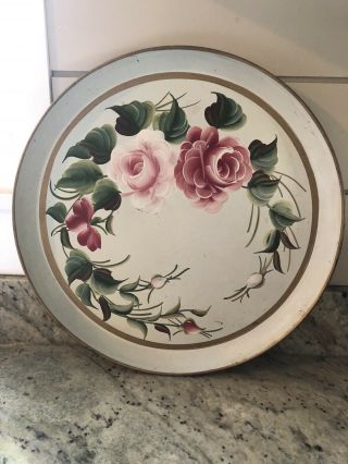 Vintage Round Tray Hand Painted Roses 14” 3