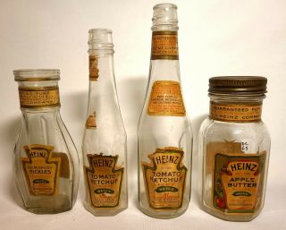 Heinz,  Pittsburgh - 4 Vintage Labeled Bottles - Ketchup,  Pickles,  Apple Butter