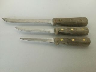 Vtg Set Of 3 Chicago Cutlery Wood Handle Kitchen Knives 62s 9.  5 " - 61s - 66s 13.  2