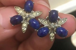 Vintage D’orlan Rhinestone Blue Cabochon Clip Earrings