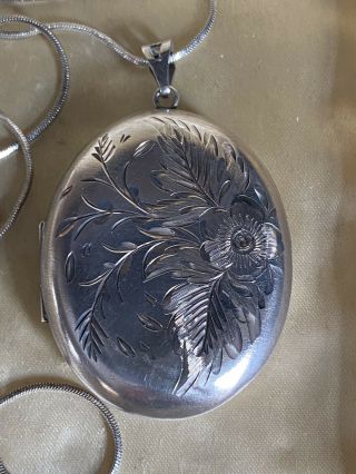 Vintage Solid Silver Very Large Locket Pendant And Long Silver Chain Necklace