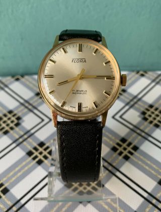 Vintage Flora 17 Jewel Incabloc Men’s Wristwatch Old Stock Swiss Made
