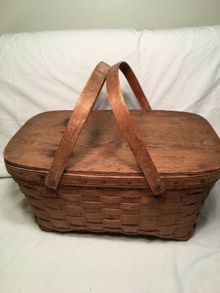 Vintage Woven Wood Picnic Basket With Lid & Handles