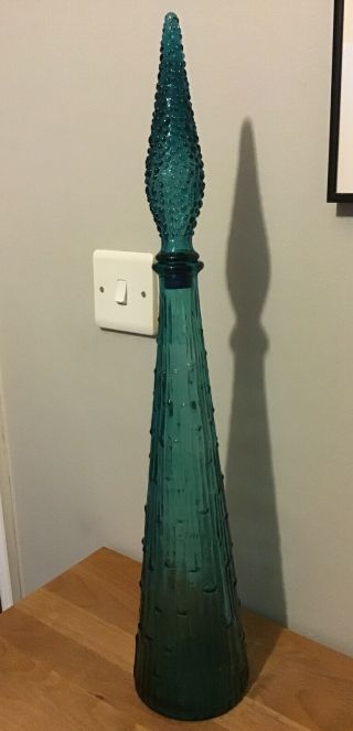 Vintage Retro 22” Tall Blue Empoli Glass Decanter Genie Bottle