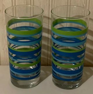Vintage Green And Blue Striped Glass Tumblers