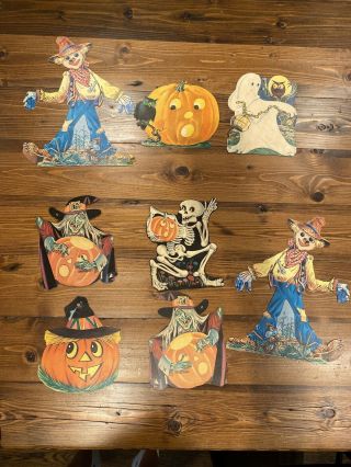 8 Vintage Halloween Decorations Die Cuts Cutout Witch Scarecrow Ghost Skeleton