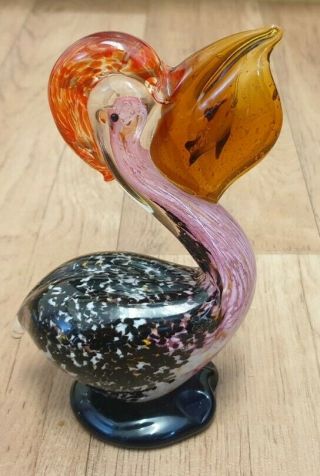 Vintage Murano Style Spatter Art Glass Pelican Bird W/ Fish Figurine Sculpture