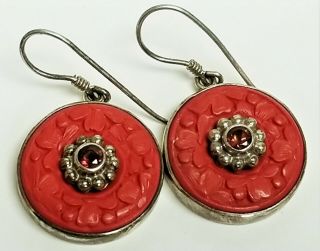 Vintage Sajen 925 Carved Red Cinnabar & Garnet Sterling Silver Dangle Earrings