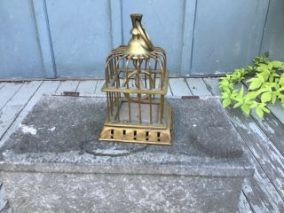Vintage Small Decorative Bird Cage & Perched Bird 4.  5 " Miniature Brass