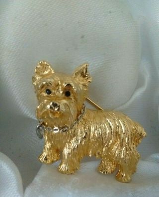 Vintage Signed Joan Rivers Yorkshire Terrier Yorkie Dog Gold Tone Brooch Pin