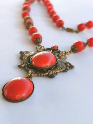 Vintage Art Deco Red Czech Glass Pendant Necklace