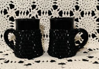 Vintage Mcm Granny Chic Indiana Glass Black “tiara” 8oz Coffee Mugs For Two