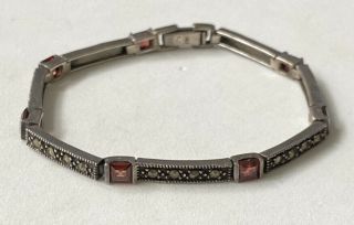 Vintage Sterling Silver Garnet Marcasite Tennis Bracelet
