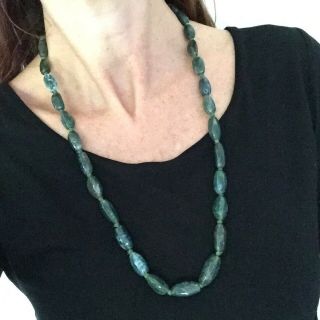 Vtg Moss Agate Long Green Hand Knotted Beads Unusual Necklace Prosperity Symbol