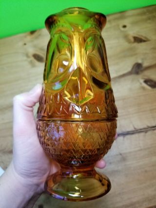 Vintage Viking Glass Owl - Amber - Fairy Candle Tea Light Lamp Mid Century 7 "