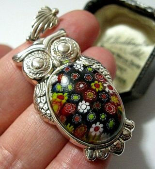 Vintage Style Sterling Silver Millefiori Venetian Glass Owl Big Necklace Pendant
