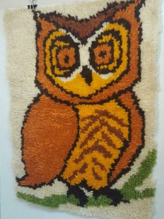 Vintage Owl Latch Hook Wall Hanging Completed Rug 70s Retro Home Decor Handmade