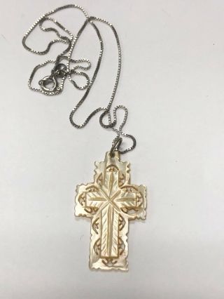 Vintage 16 " Silver Chain,  Hand Carved Mother Of Pearl Cross