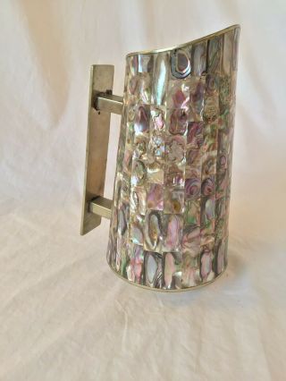Vintage Mexican Mother Of Pearl Abalone Shell White Metal Jug Iridescent 22cm
