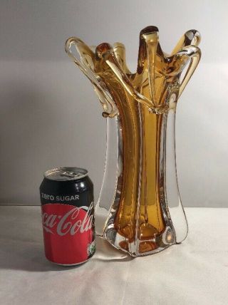 Vintage Murano Lobed Art Glass Amber & Clear Vase Retro 1960 