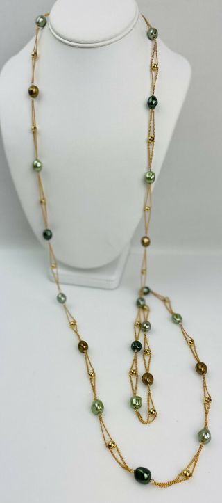 Vintage Joan Rivers Glass Pearl Bead Gold Tone Double Chain Long Necklace 58 In