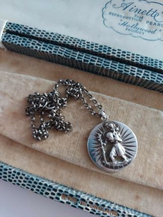 Vintage Large Sterling Silver St Christopher Medallion Pendant Necklace