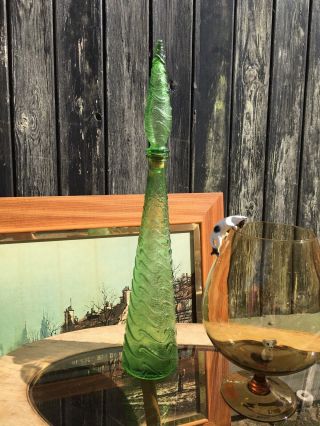 Retro Vintage Kitsch Empoli Italy Green Glass Wave Genie Bottle