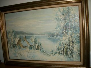 Vintage Painting Oil On Canvas Winter Landscape Framed Signed Wagner