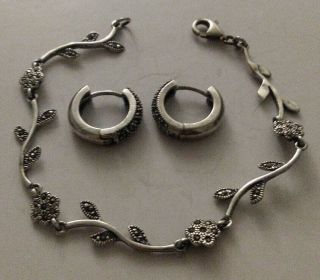 Vintage Sterling Silver & Marcasite Bracelet W) Sterling Silver Hoop Earrings