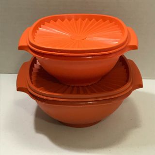 Vintage Tupperware Servalier Bowls Set Of 2 Orange With Lids 840 - 2 And 838 - 8