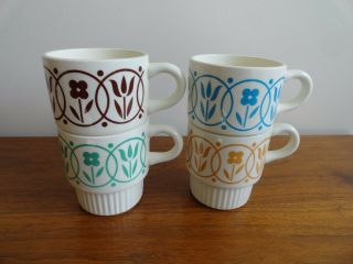 4 Vintage Usa Coffee Mug Cups Flowers Stackable Creamy White Farmhouse Mcm