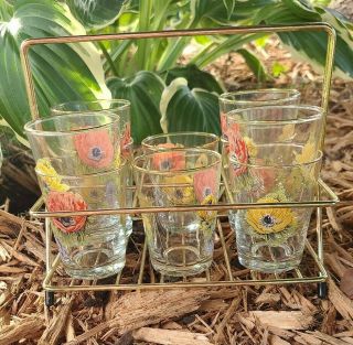Vintage Set Of 10 Shot Glasses With Poppy Floral Design W/ Gold Trim And Carrier