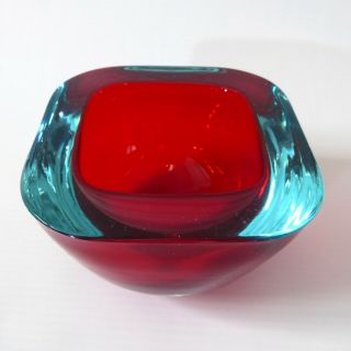 Vintage Murano Ruby Red Sommerso Square Glass Geode Bowl Turquoise Cased 1950 - 60