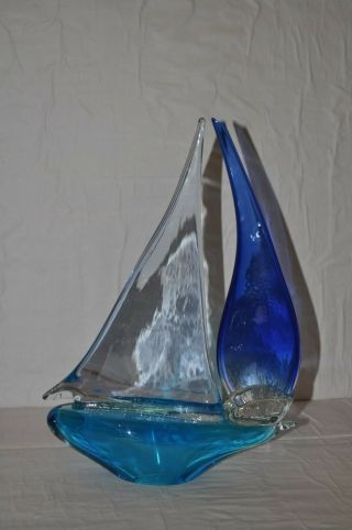 Vintage Murano Art Glass Sailing Boat Blue & Clear
