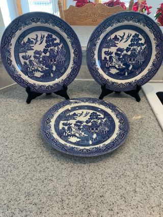 3 Vintage Churchill Blue Willow Dinner Plate Made In England 10 1/4 ".  3