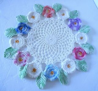 Vtg Table Top Handmade Round Blue Pink Green Purple Floral Crochet Lace Doily