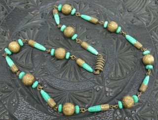 Vintage Art Deco Bohemian Czech Peking Jade Glass & Gilt Beads Necklace Neiger?