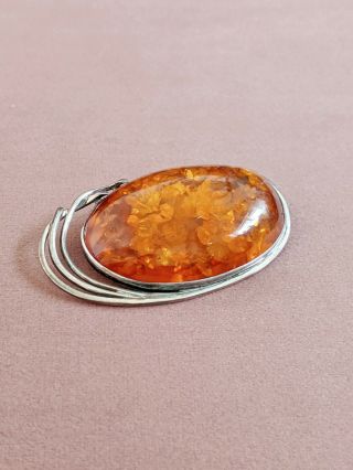 Stunning Vtg Large Amber Stone Sterling Silver Brooch 925 21.  2g