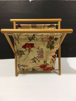 Vintage Wood Frame Folding Standing Knit Yarn Bag Caddy Tote 14 " W X 18 " L