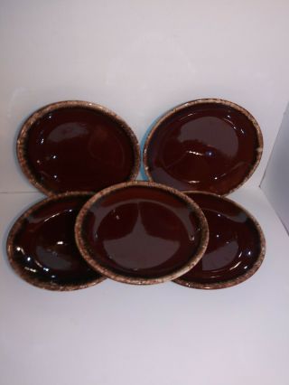Set Of 5 Vtg Hull Pottery 10.  5 " Round Dinner Plates In Brown Drip Glaze Usa