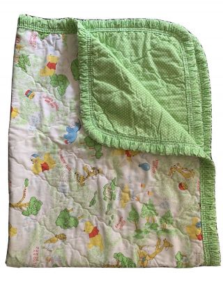 Vintage Sears Winnie The Pooh Crib Baby Blanket Quilt Comforter Green Polka Dot