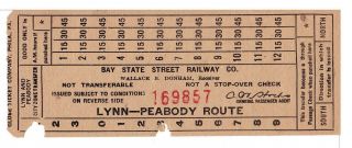 Streetcar Transfer: Bay State Street Ry.  Co. ,  Lynn,  Ma - Circa 1915