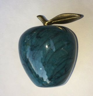 Vintage Polished Stone Marble Apple Aqua Blue Turquoise Brass Stem Paperweight