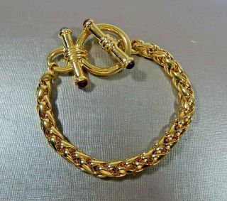 Vtg.  Chunky Gold Tone Link Glass Jeweled Toggle Clasp 8 " Toggle Bracelet In Evc