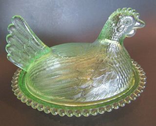 Vintage Indiana Glass Hen On A Nest Light Green Candy Dish