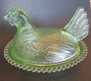 Vintage Indiana Glass Hen on a Nest Light Green Candy Dish 2