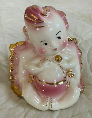 Vintage Hull Usa Pink White & Gold Ceramic Baby Girl Planter,  Succulents 1950s